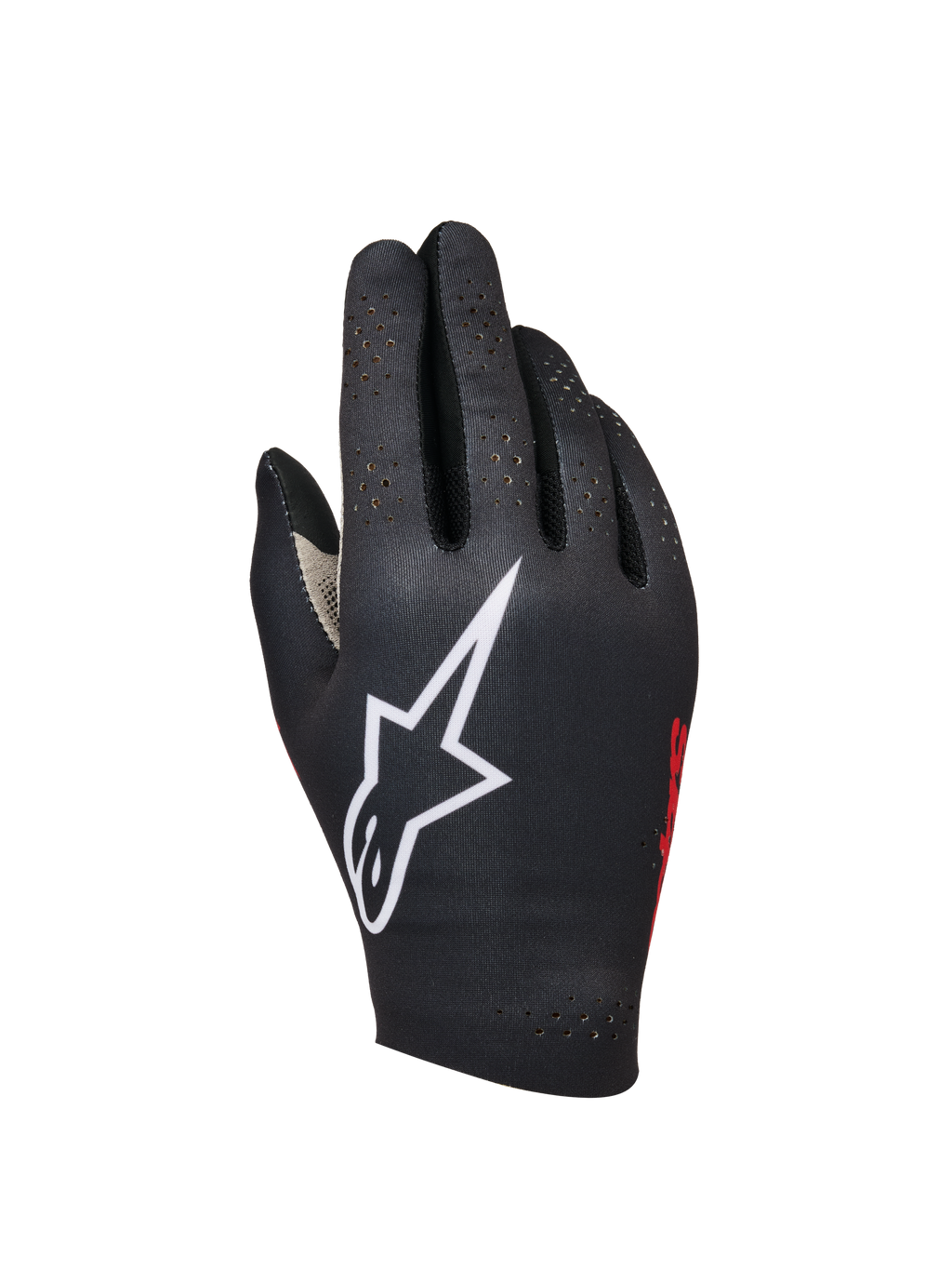 Alpinestars Sim Gloves Graphic 1, Sim Racing Gloves, Black with large white star logo, Red side branding, perforated design for ventilation, lightweight bonded stretch fabric