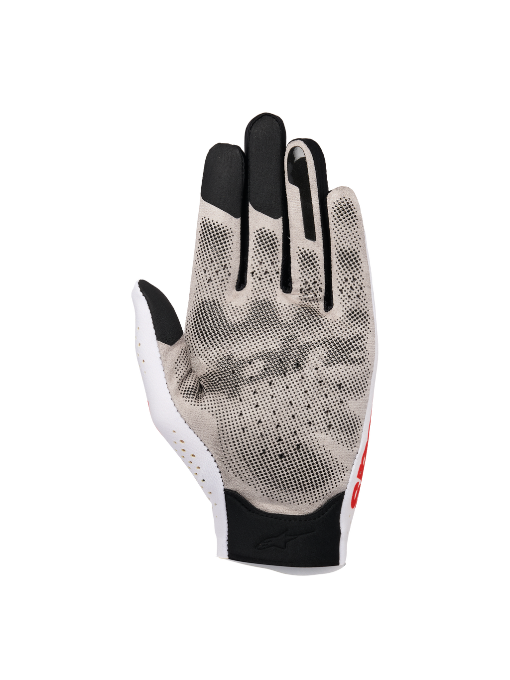 Alpinestars Sim Gloves Graphic 1, gants de SIM racing, Silver Ice noir et rouge tangerine, vue de la paume avec impression d'adhérence 3D et tissu Nanofront®, section du pouce perforée et bouts de doigts noirs compatibles avec les écrans tactiles pour la performance en course virtuelle.