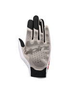 Alpinestars Sim Gloves Graphic 1, gants de SIM racing, Silver Ice noir et rouge tangerine, vue de la paume avec impression d'adhérence 3D et tissu Nanofront®, section du pouce perforée et bouts de doigts noirs compatibles avec les écrans tactiles pour la performance en course virtuelle.