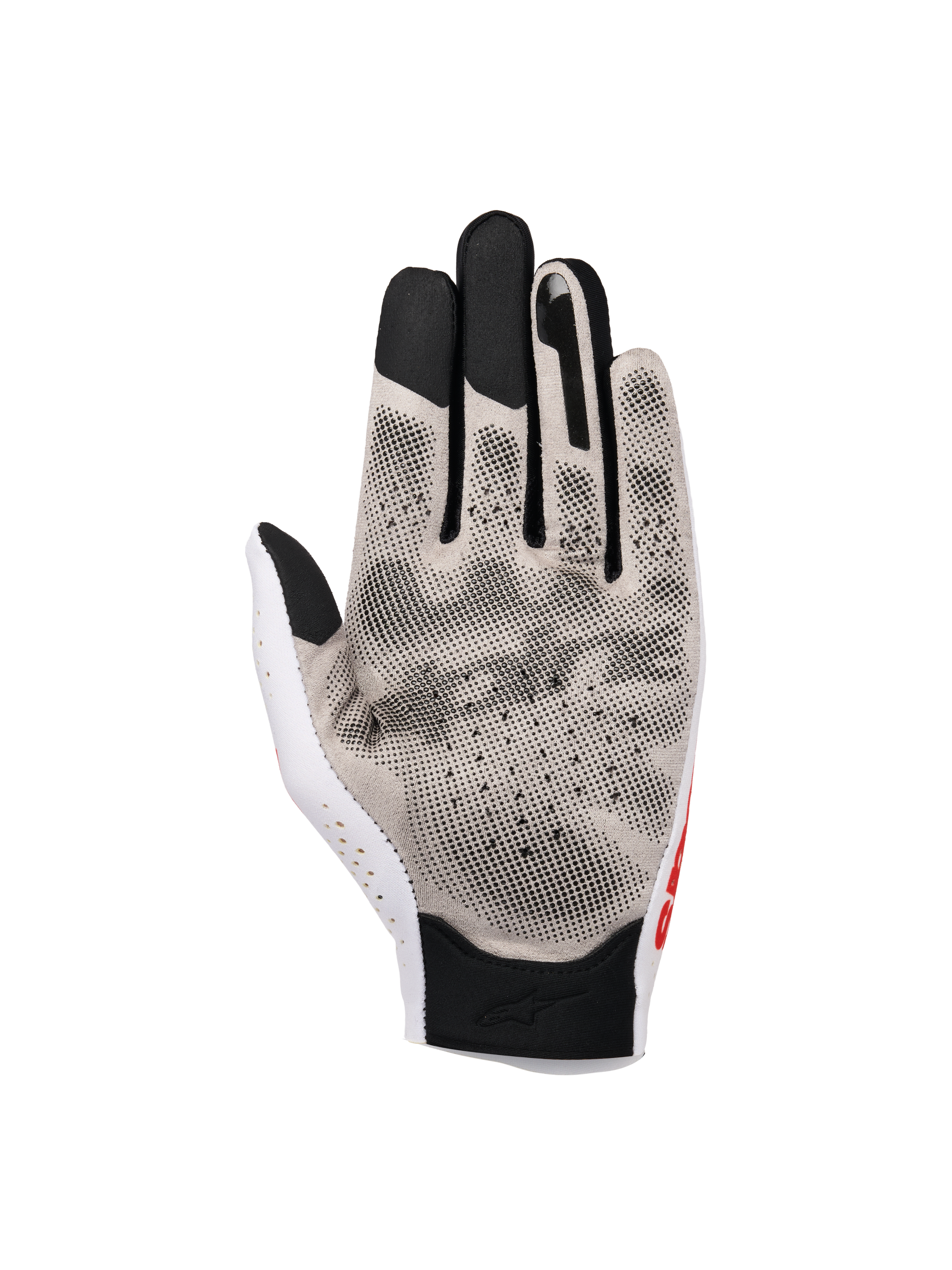 Alpinestars Sim Gloves Graphic 1, gants de SIM racing, Silver Ice noir et rouge tangerine, vue de la paume avec impression d'adhérence 3D et tissu Nanofront®, section du pouce perforée et bouts de doigts noirs compatibles avec les écrans tactiles pour la performance en course virtuelle.