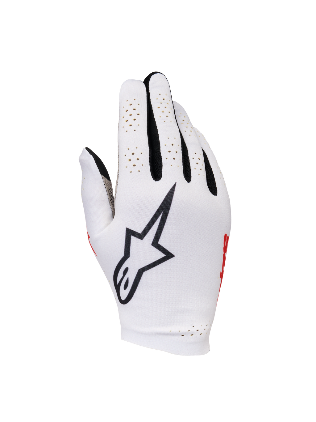 Alpinestars Sim Gloves Graphic 1, gants de SIM racing, Silver Ice avec accents noirs et rouges, avec un logo étoile noir proéminent sur le revers, des panneaux de doigts perforés pour la ventilation et une conception en textile léger pour la précision de jeu.