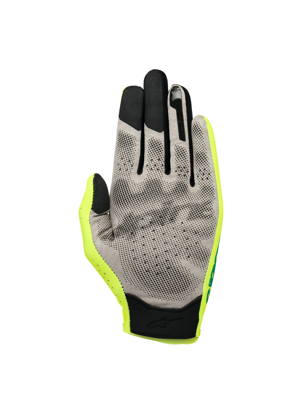 Alpinestars Sim Gloves Graphic 1, gants de SIM racing, jaune de sécurité, noir et turquoise, vue de la paume montrant le matériau Nanofront® gris avec motif d'adhérence 3D noir, bouts des doigts compatibles avec les écrans tactiles et construction textile légère.