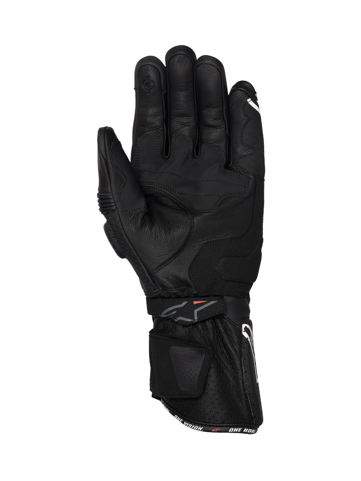 Gants Alpinestars SP-3, gants de moto racing en cuir noir, vue de la paume avec manchette longue et grip renforcé pour la route.