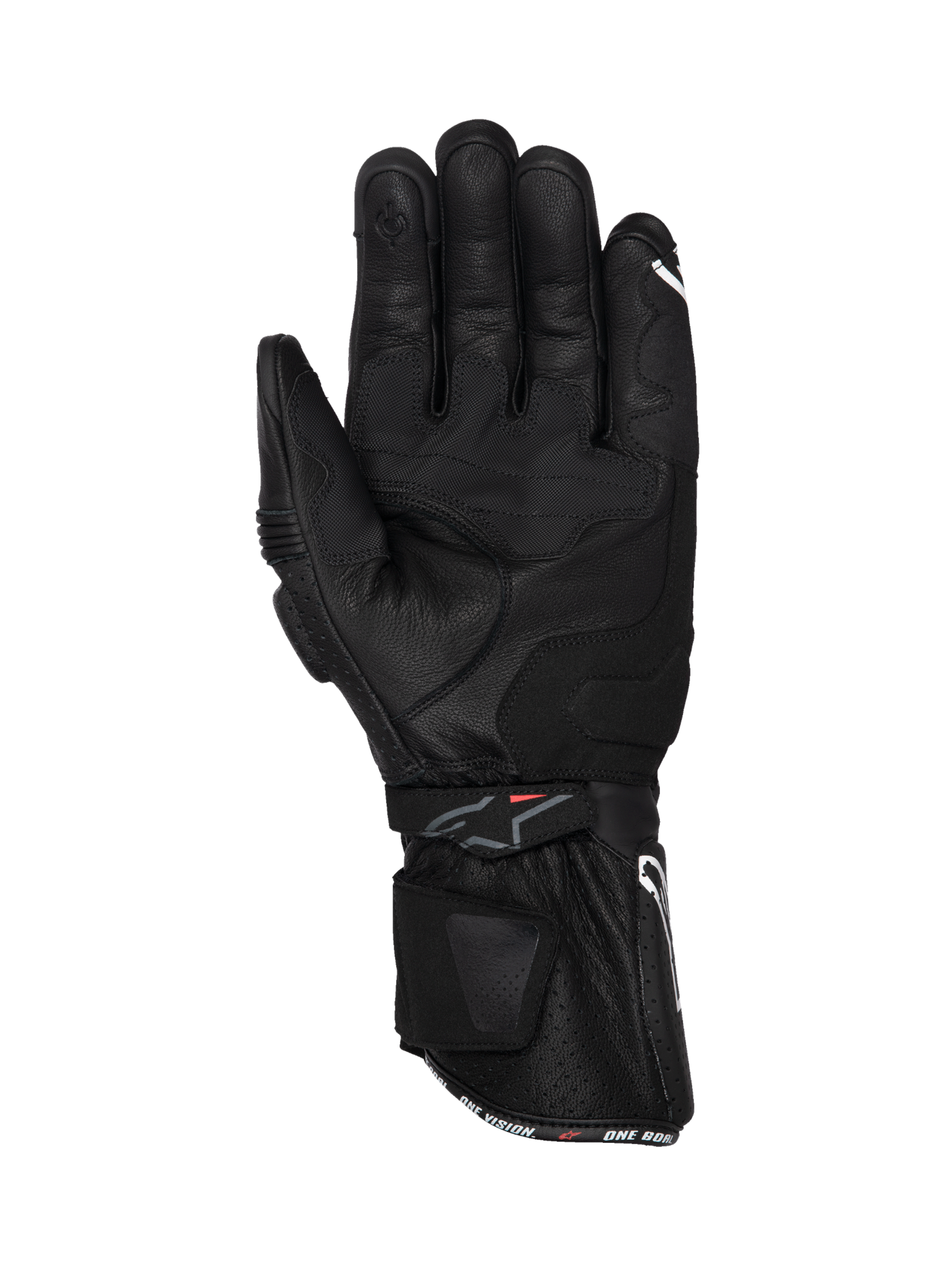 Gants Alpinestars SP-3, gants de moto racing en cuir noir, vue de la paume avec manchette longue et grip renforcé pour la route.