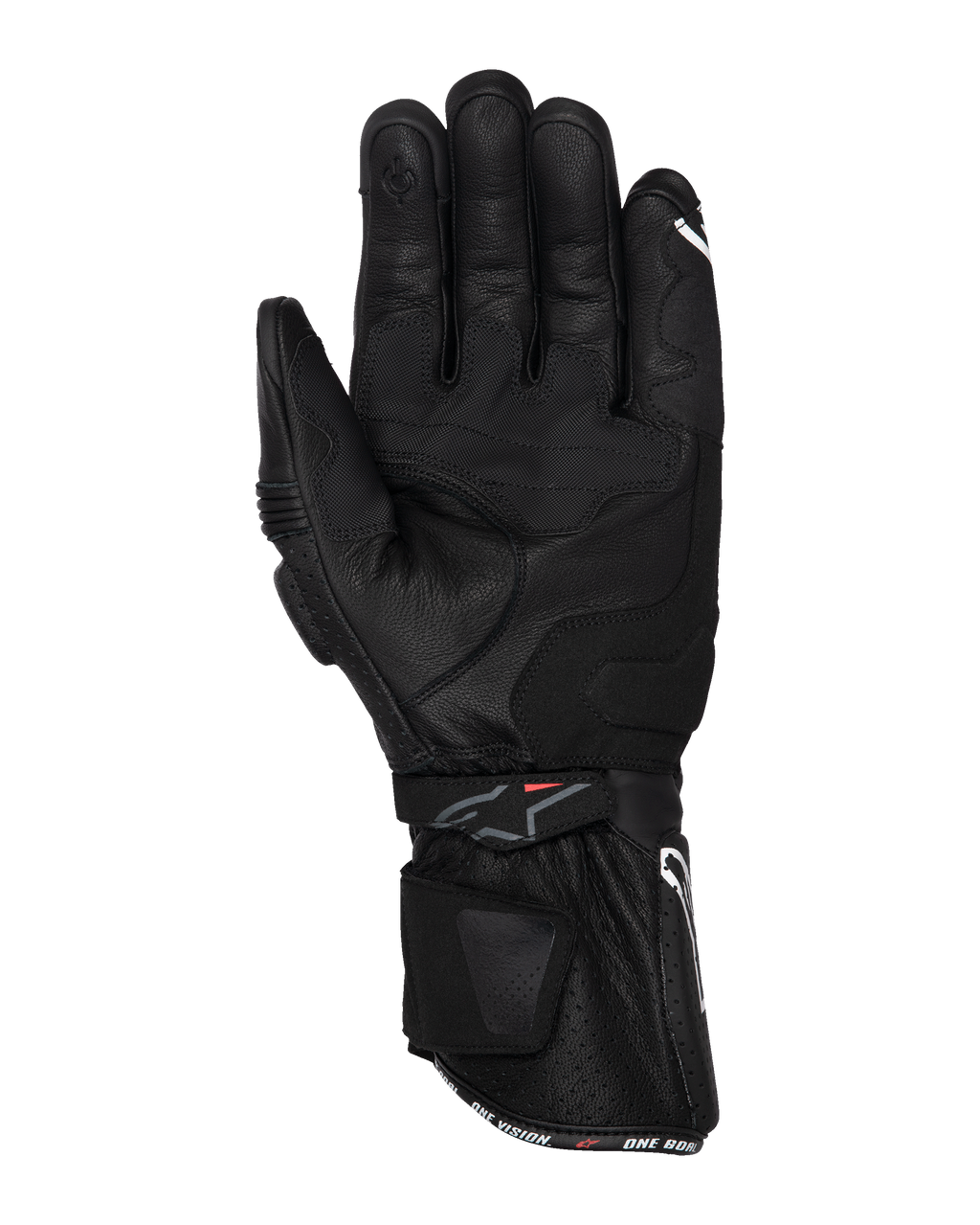 Gants Alpinestars SP-3, gants de moto noirs, vue de la paume avec construction entièrement en cuir, manchette longue à double fermeture, renforts d'adhérence sur la paume et index compatible avec les écrans tactiles, équipement de route inspiré de la course