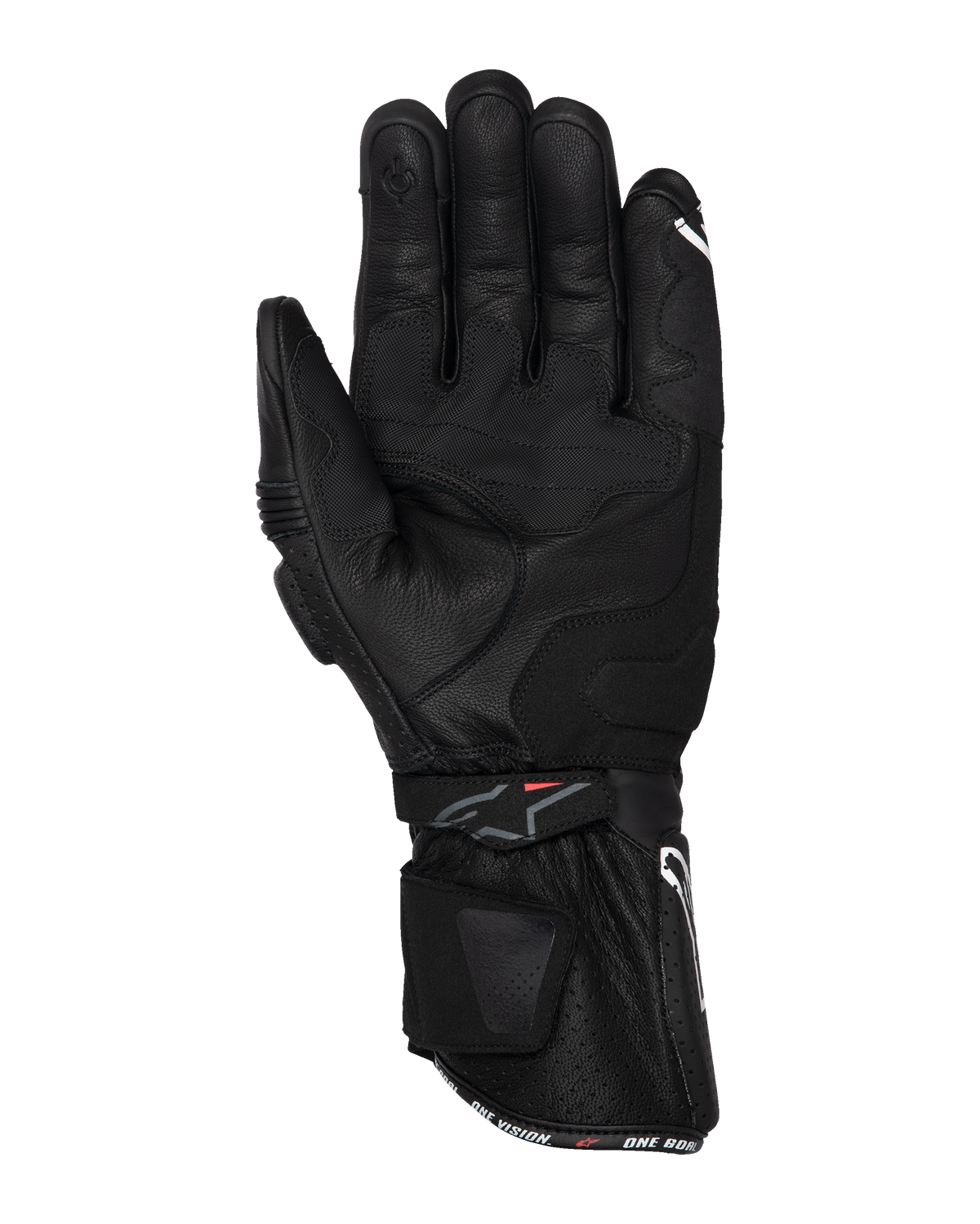 Gants Alpinestars SP-3, gants de moto noirs, vue de la paume avec construction entièrement en cuir, manchette longue à double fermeture, renforts d'adhérence sur la paume et index compatible avec les écrans tactiles, équipement de route inspiré de la course