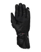 Gants Alpinestars SP-3, gants de moto noirs, vue de la paume avec construction entièrement en cuir, manchette longue à double fermeture, renforts d'adhérence sur la paume et index compatible avec les écrans tactiles, équipement de route inspiré de la course