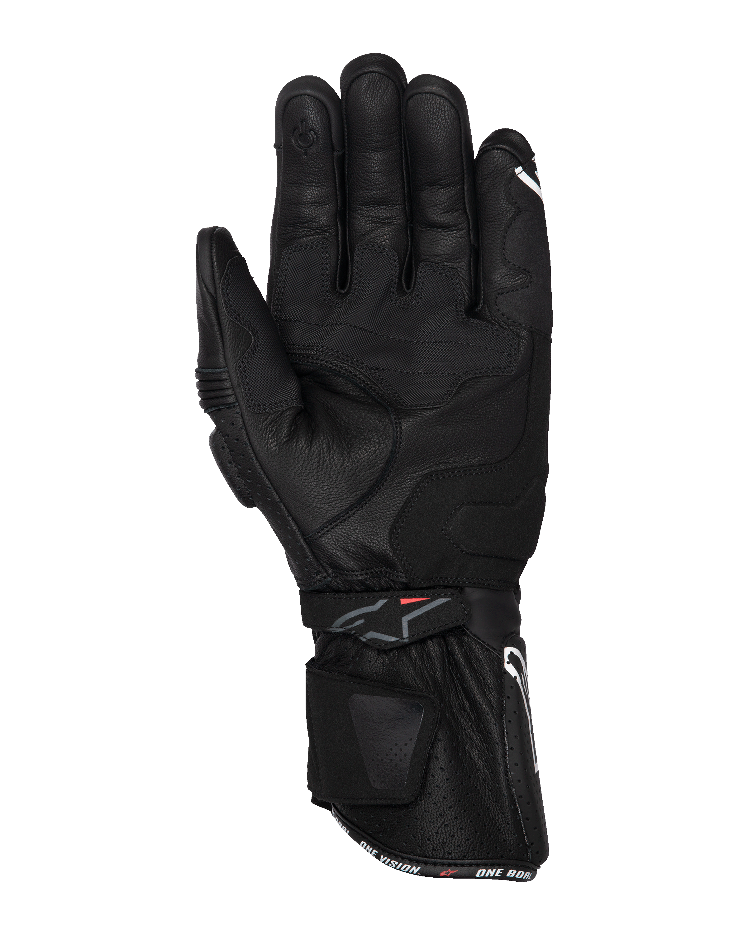 Gants Alpinestars SP-3, gants de moto noirs, vue de la paume avec construction entièrement en cuir, manchette longue à double fermeture, renforts d'adhérence sur la paume et index compatible avec les écrans tactiles, équipement de route inspiré de la course