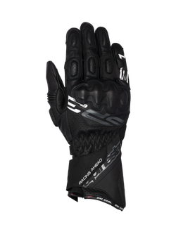 Alpinestars SP-3 black goat leather motorcycle racing gloves with a long cuff and integrated knuckle protection.