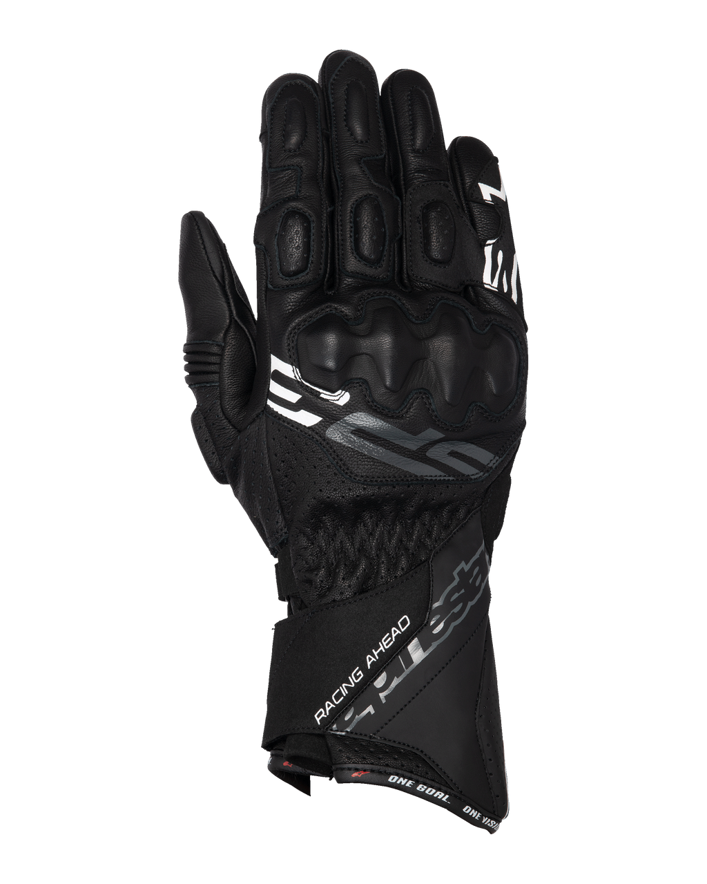 Alpinestars SP-3, gants de course moto à manchette longue, noirs avec accents blancs et gris, protection des articulations recouverte de PU, construction en cuir texturé avec détails perforés, sangle de manchette ajustable au poignet