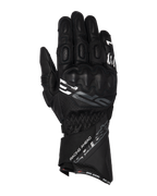 Alpinestars SP-3, gants de course moto à manchette longue, noirs avec accents blancs et gris, protection des articulations recouverte de PU, construction en cuir texturé avec détails perforés, sangle de manchette ajustable au poignet