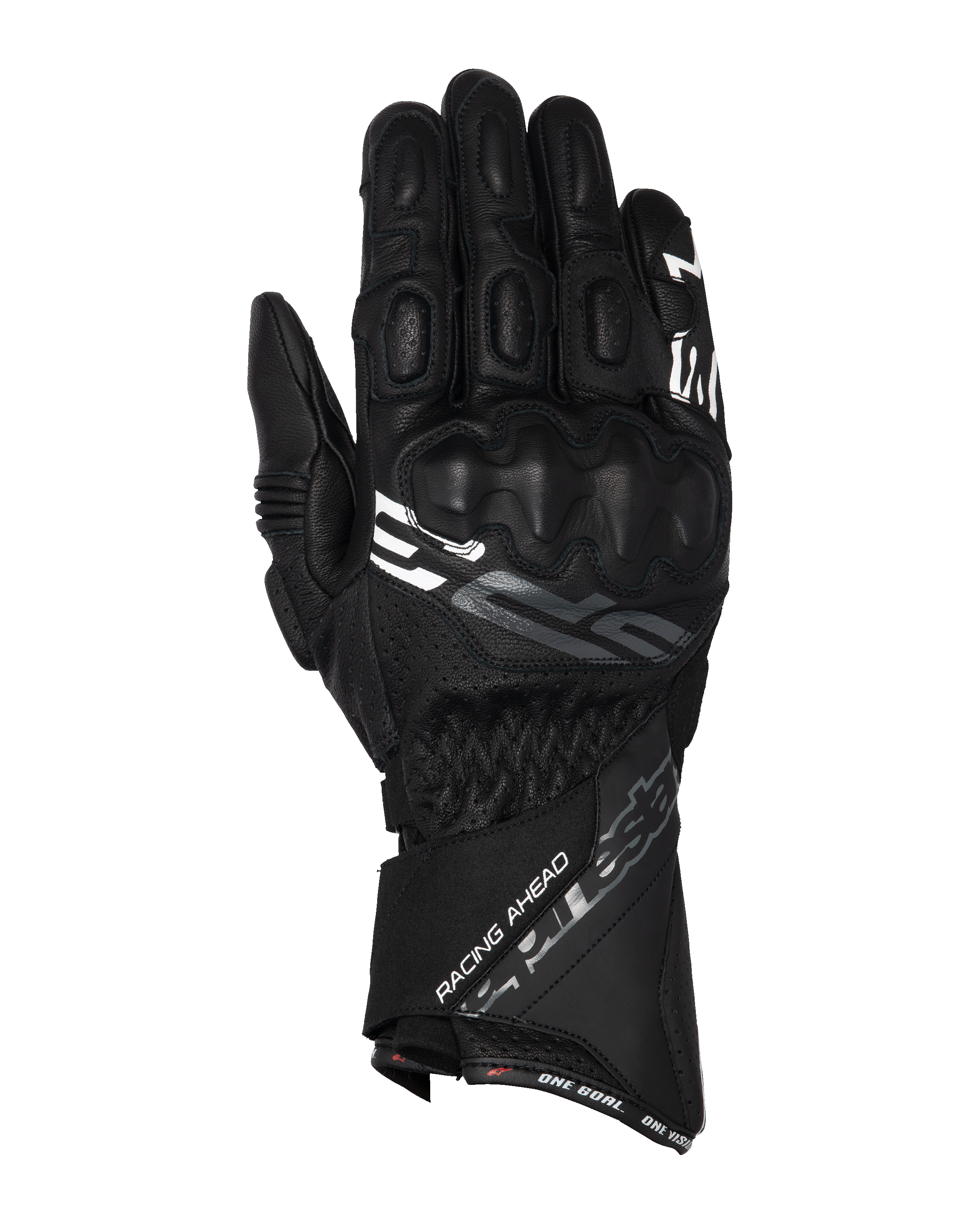 Alpinestars SP-3, gants de course moto à manchette longue, noirs avec accents blancs et gris, protection des articulations recouverte de PU, construction en cuir texturé avec détails perforés, sangle de manchette ajustable au poignet