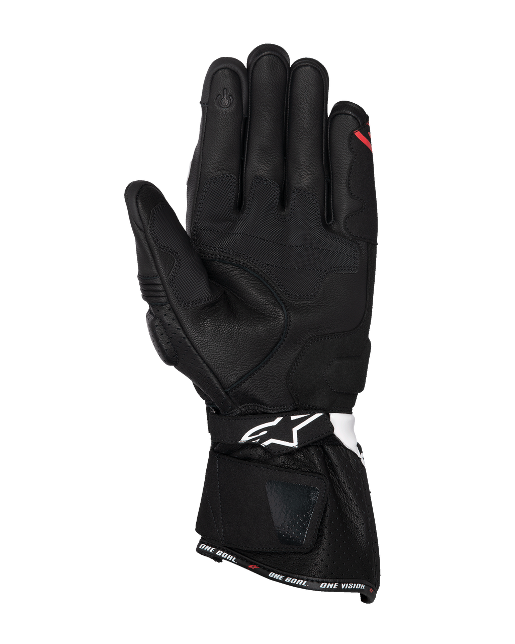 Alpinestars SP-3 Gloves, Black leather motorcycle gloves, palm view featuring reinforced grip panels, touchscreen-compatible index finger, long cuff with white logo on the wrist strap and 'ONE GOAL. ONE VISION.' branding on the hem.
