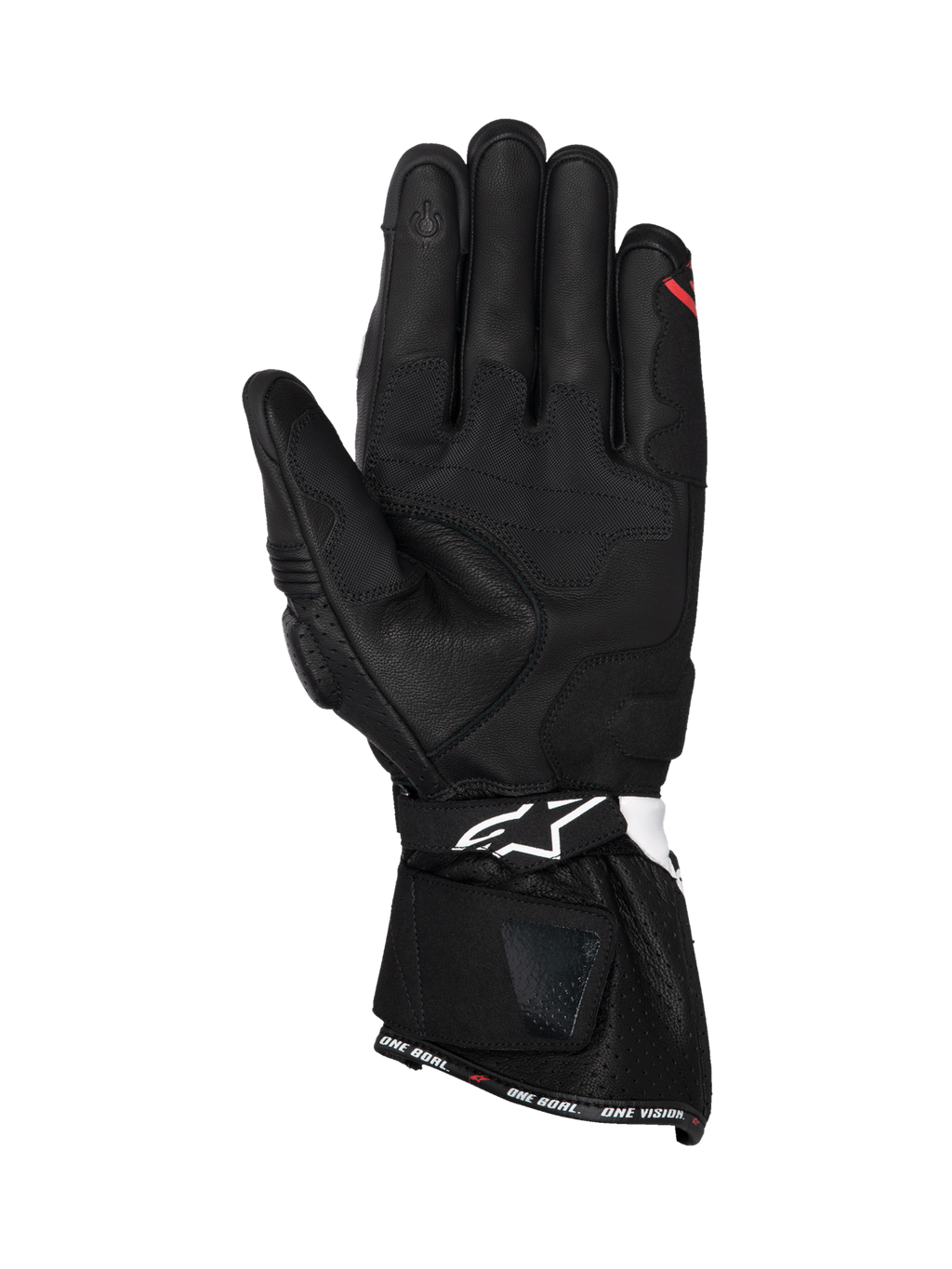 Alpinestars SP-3, gants de moto pour homme, noirs avec accents rouges, vue de la paume en cuir et index compatible avec les écrans tactiles.