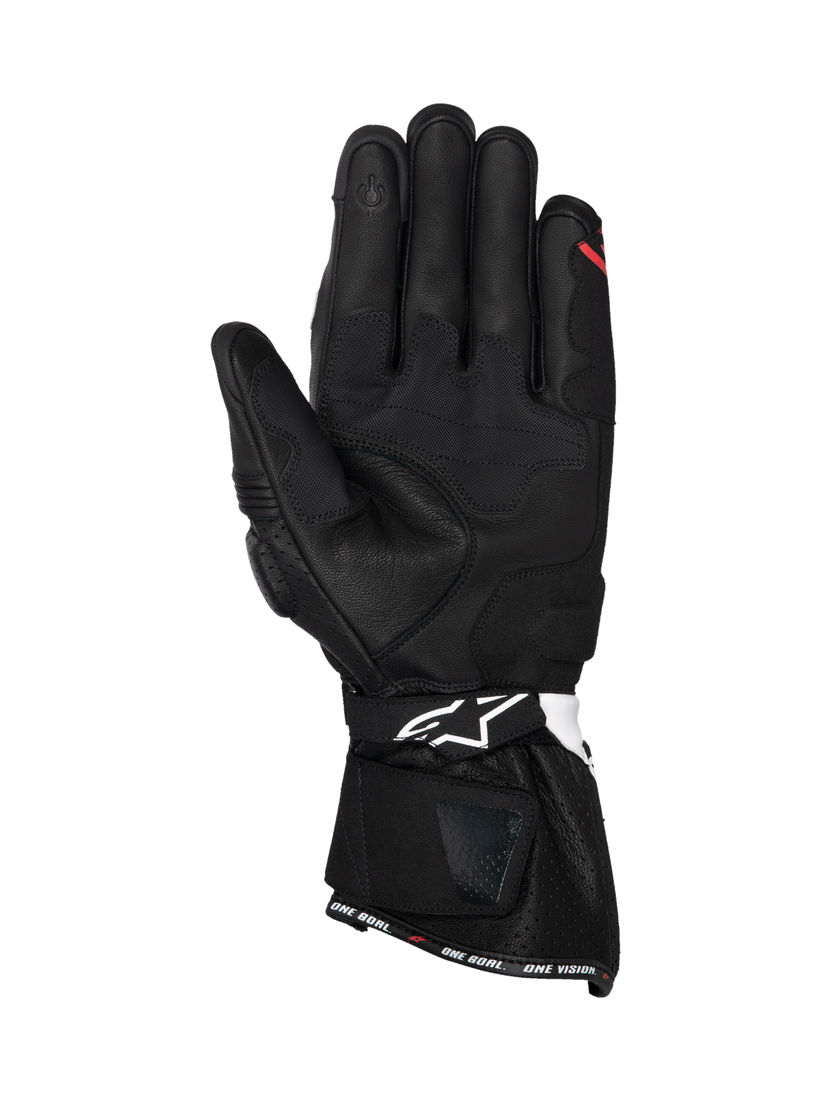 Alpinestars SP-3, gants de moto pour homme, noirs avec accents rouges, vue de la paume en cuir et index compatible avec les écrans tactiles.