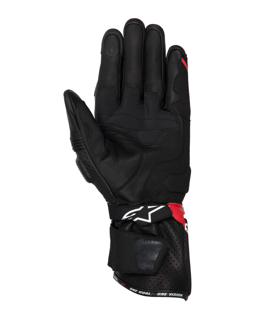 Gants Alpinestars SP-3, gants de moto, noir, rouge vif et blanc, vue de la paume montrant la construction en cuir avec renforts d'adhérence, bout du doigt compatible avec les écrans tactiles, manchette longue avec logo blanc et accents rouges, design sportif et racing