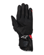 Gants Alpinestars SP-3, gants de moto, noir, rouge vif et blanc, vue de la paume montrant la construction en cuir avec renforts d'adhérence, bout du doigt compatible avec les écrans tactiles, manchette longue avec logo blanc et accents rouges, design sportif et racing