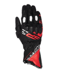 Gants Alpinestars SP-3, gants de moto racing à manchette longue, noirs avec accents rouge vif et blancs, protection des articulations recouverte de PU, panneaux de doigts perforés blancs, design inspiré de la course avec marquage audacieux, construction durable en cuir de chèvre