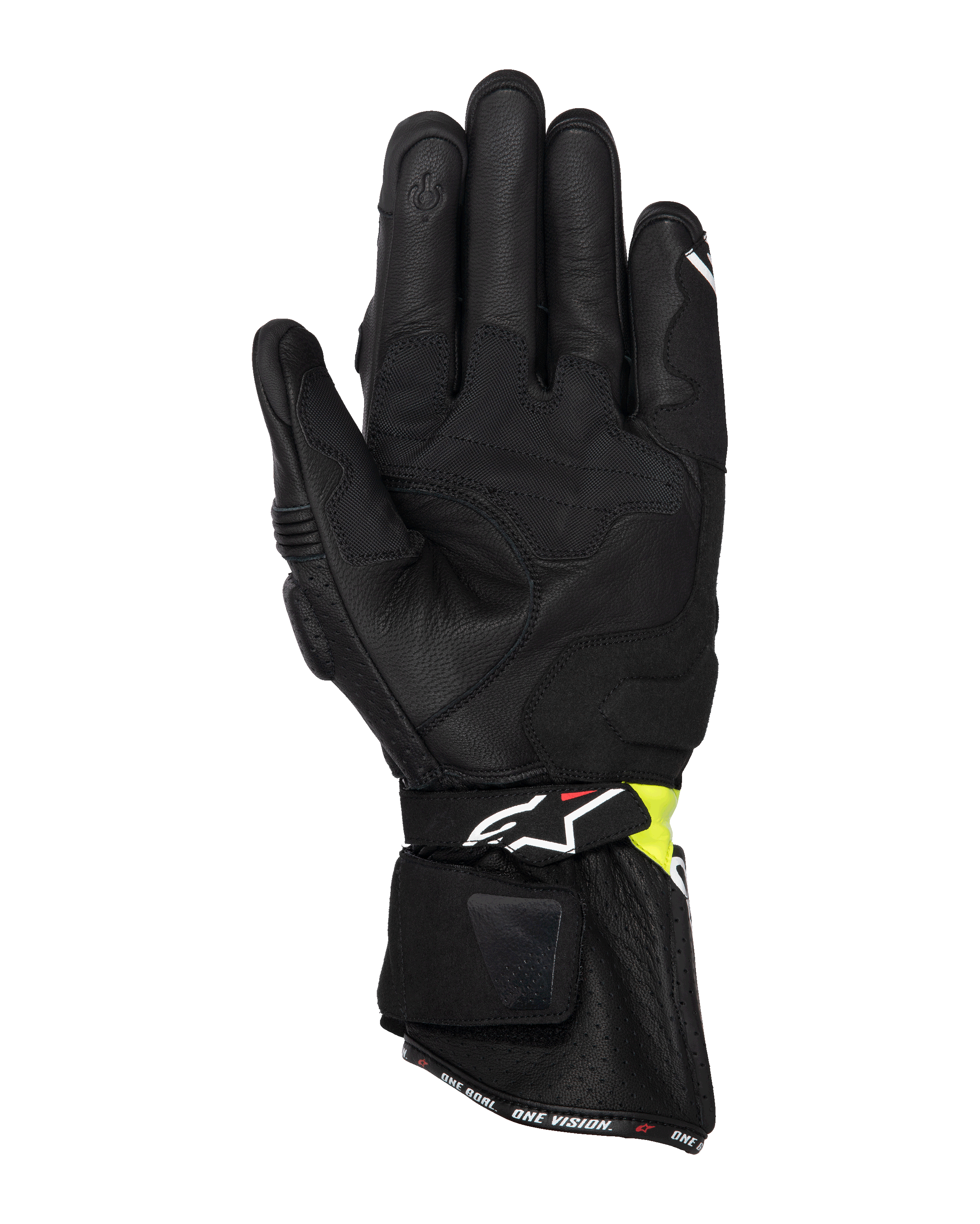Gants Alpinestars SP-3, gants de moto de route, noir et jaune fluo, vue de la paume montrant la construction en cuir de chèvre, les renforts de paume rembourrés, la manchette longue avec sangle réglable et l'index compatible avec les écrans tactiles