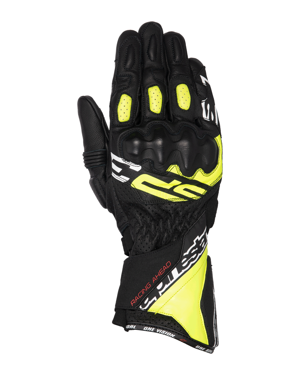 Gants Alpinestars SP-3, gants de moto racing, noir, jaune fluo et blanc, design à manchette longue avec protection renforcée des articulations, construction en cuir de chèvre intégral, panneaux accordéon sur les doigts et système de double fermeture sécurisé
