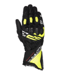 Gants Alpinestars SP-3, gants de moto racing, noir, jaune fluo et blanc, design à manchette longue avec protection renforcée des articulations, construction en cuir de chèvre intégral, panneaux accordéon sur les doigts et système de double fermeture sécurisé