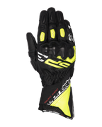 Gants Alpinestars SP-3, gants de moto racing, noir, jaune fluo et blanc, design à manchette longue avec protection renforcée des articulations, construction en cuir de chèvre intégral, panneaux accordéon sur les doigts et système de double fermeture sécurisé