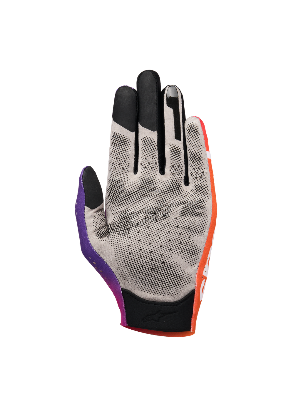 Alpinestars Sim Gloves Graphic 2, gants de SIM racing, orange, violet néon et blanc, vue de la paume montrant un tissu gris avec des points d'adhérence imprimés en 3D noirs, bouts des doigts compatibles avec les écrans tactiles et manchette courte pour une précision de course virtuelle