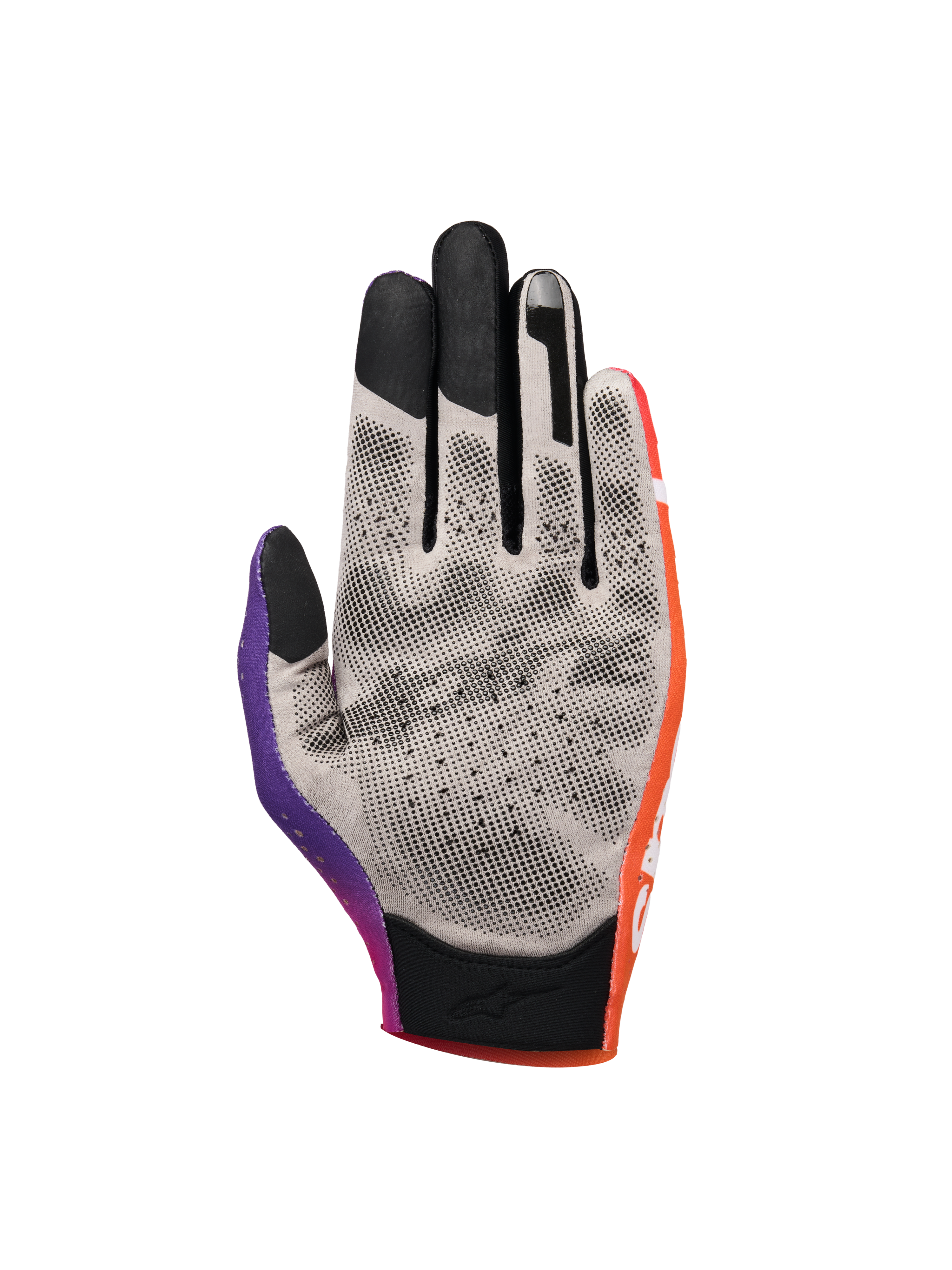 Alpinestars Sim Gloves Graphic 2, gants de SIM racing, orange, violet néon et blanc, vue de la paume montrant un tissu gris avec des points d'adhérence imprimés en 3D noirs, bouts des doigts compatibles avec les écrans tactiles et manchette courte pour une précision de course virtuelle