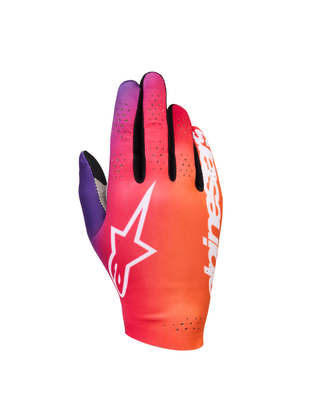 Alpinestars Sim Gloves Graphic 2, gants de SIM racing, dégradé orange néon, violet et blanc, logo étoile blanc, détails de ventilation perforés, tissu stretch léger avec accents en mesh noir
