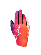 Alpinestars Sim Gloves Graphic 2, gants de SIM racing, dégradé orange néon, violet et blanc, logo étoile blanc, détails de ventilation perforés, tissu stretch léger avec accents en mesh noir