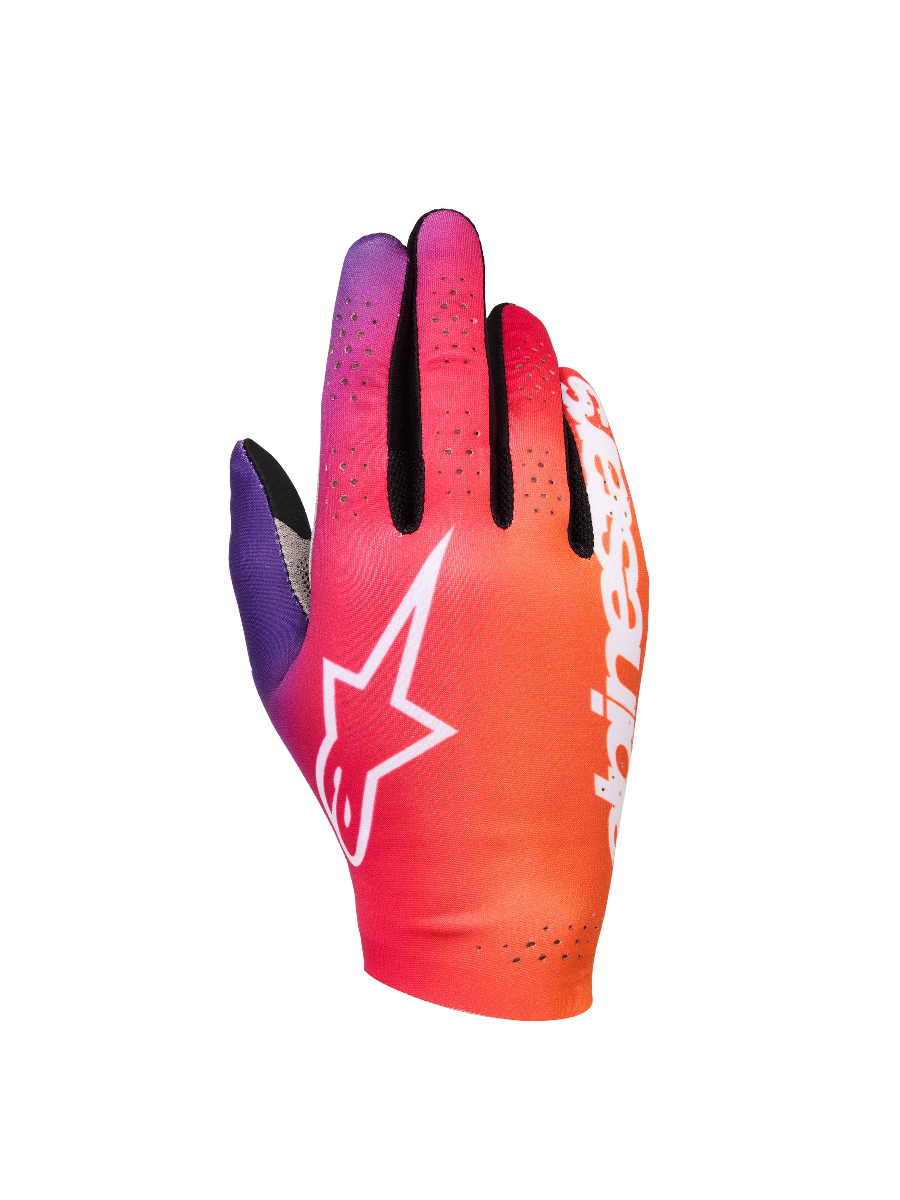 Alpinestars Sim Gloves Graphic 2, Sim Racing Gloves, Orange Neon Purple and White gradient, featuring a white star logo, perforated ventilation details, and lightweight stretch fabric with black mesh accents