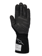 Gants Alpinestars Limited Edition Lamborghini Tech-1 ZX V4, gants de course automobile, noir et gris foncé, vue de la paume avec technologie de grip en silicone 3D, logo argenté sur la manchette, étiquette d'homologation FIA, équipement de sport automobile professionnel