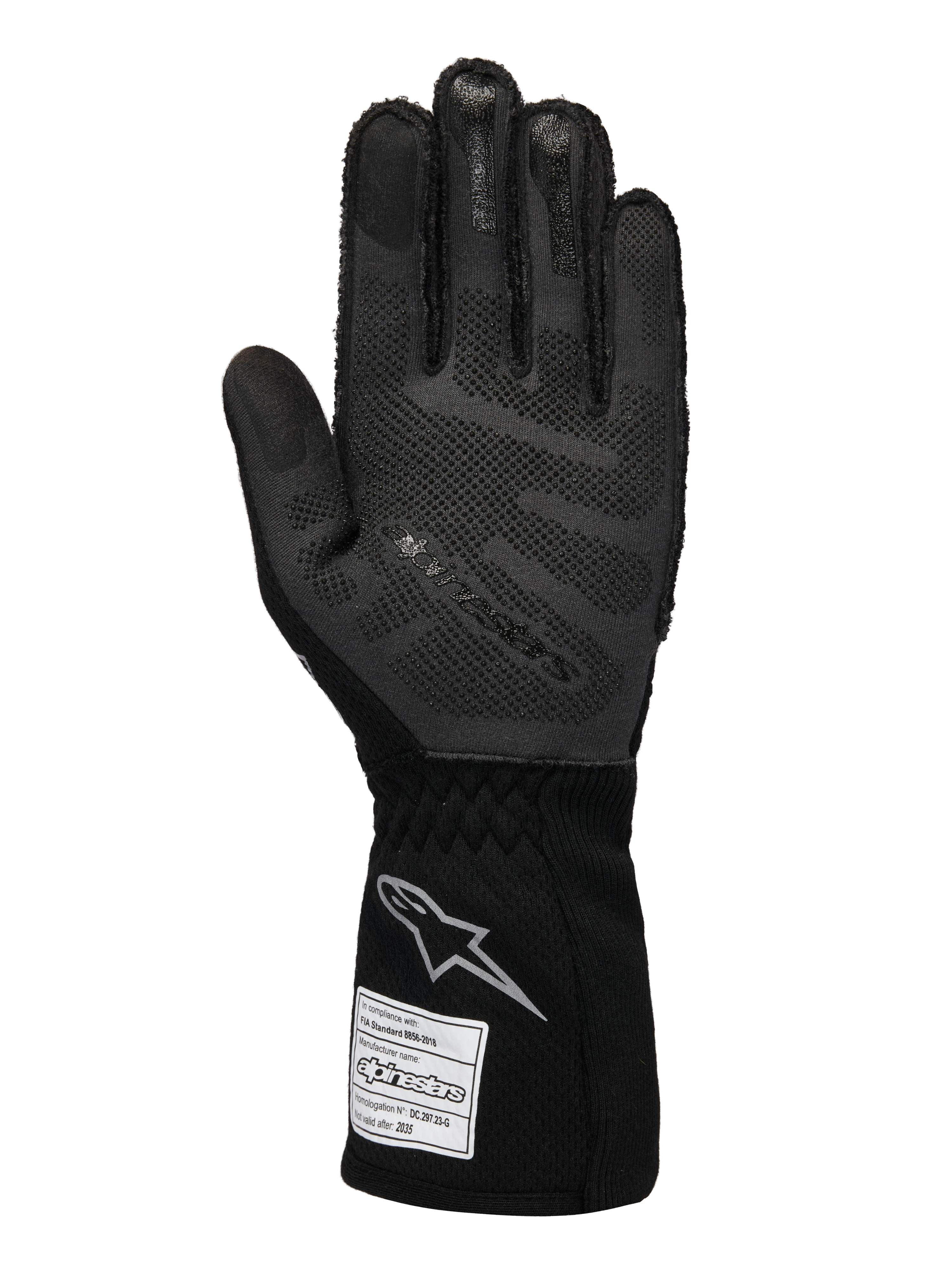 Gants Alpinestars Limited Edition Lamborghini Tech-1 ZX V4, gants de course automobile, noir et gris foncé, vue de la paume avec technologie de grip en silicone 3D, logo argenté sur la manchette, étiquette d'homologation FIA, équipement de sport automobile professionnel