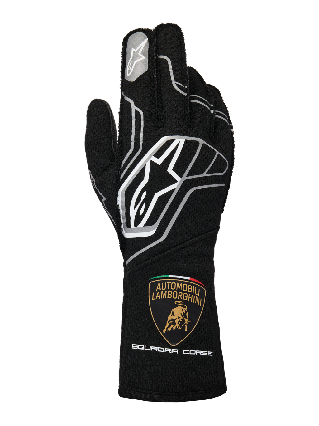 Gants Alpinestars Édition Limitée Lamborghini Tech-1 ZX V4, noir avec accents gris foncé et blancs, arborant le logo Alpinestars et l'écusson Automobili Lamborghini Squadra Corse sur la manchette, gants de course automobile professionnels certifiés FIA