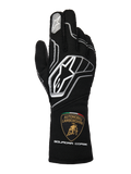 Gants Alpinestars Édition Limitée Lamborghini Tech-1 ZX V4, noir avec accents gris foncé et blancs, arborant le logo Alpinestars et l'écusson Automobili Lamborghini Squadra Corse sur la manchette, gants de course automobile professionnels certifiés FIA