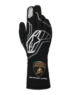 Gants Alpinestars Édition Limitée Lamborghini Tech-1 ZX V4, noir avec accents gris foncé et blancs, arborant le logo Alpinestars et l'écusson Automobili Lamborghini Squadra Corse sur la manchette, gants de course automobile professionnels certifiés FIA