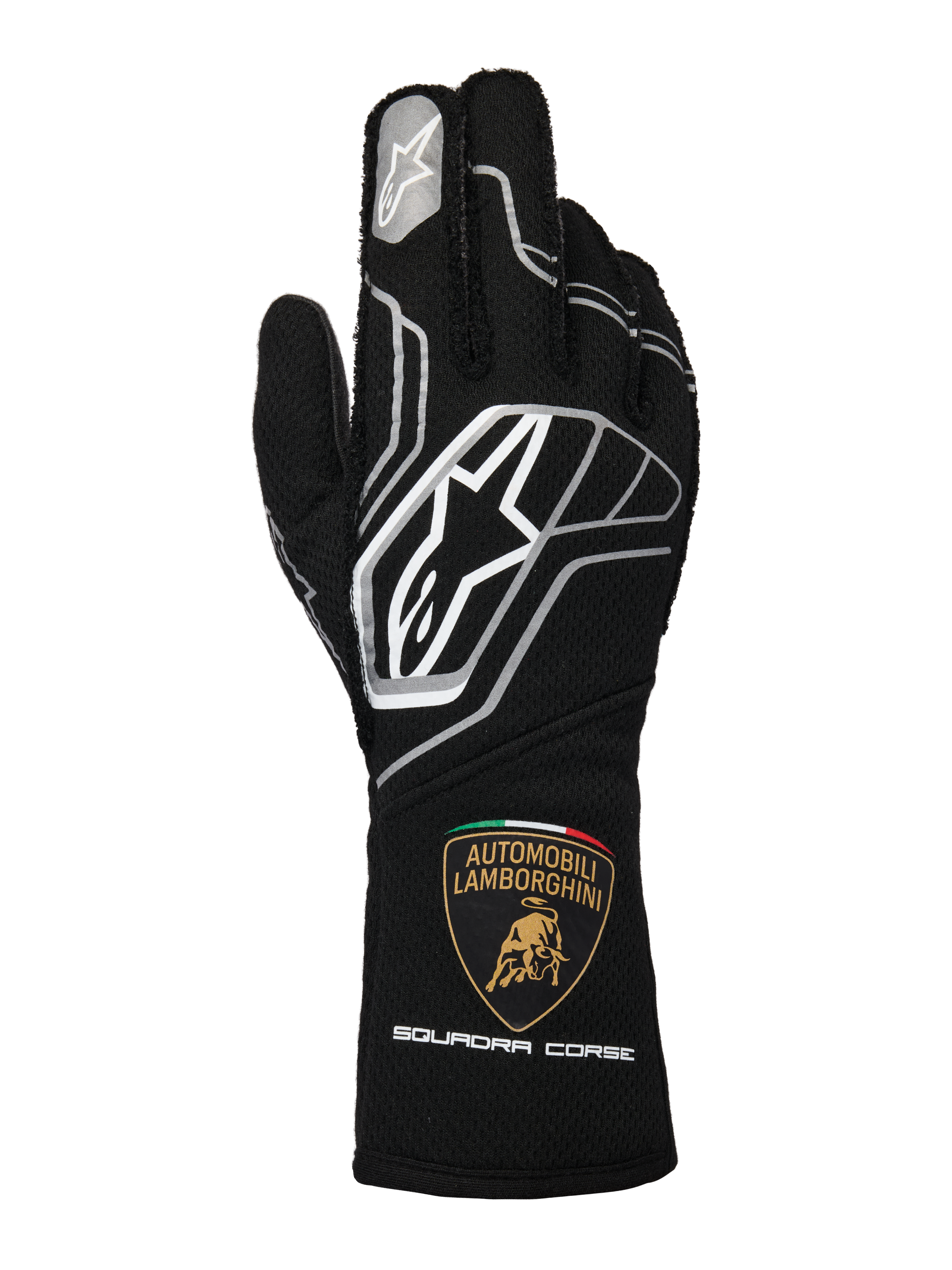 Gants Alpinestars Édition Limitée Lamborghini Tech-1 ZX V4, noir avec accents gris foncé et blancs, arborant le logo Alpinestars et l'écusson Automobili Lamborghini Squadra Corse sur la manchette, gants de course automobile professionnels certifiés FIA