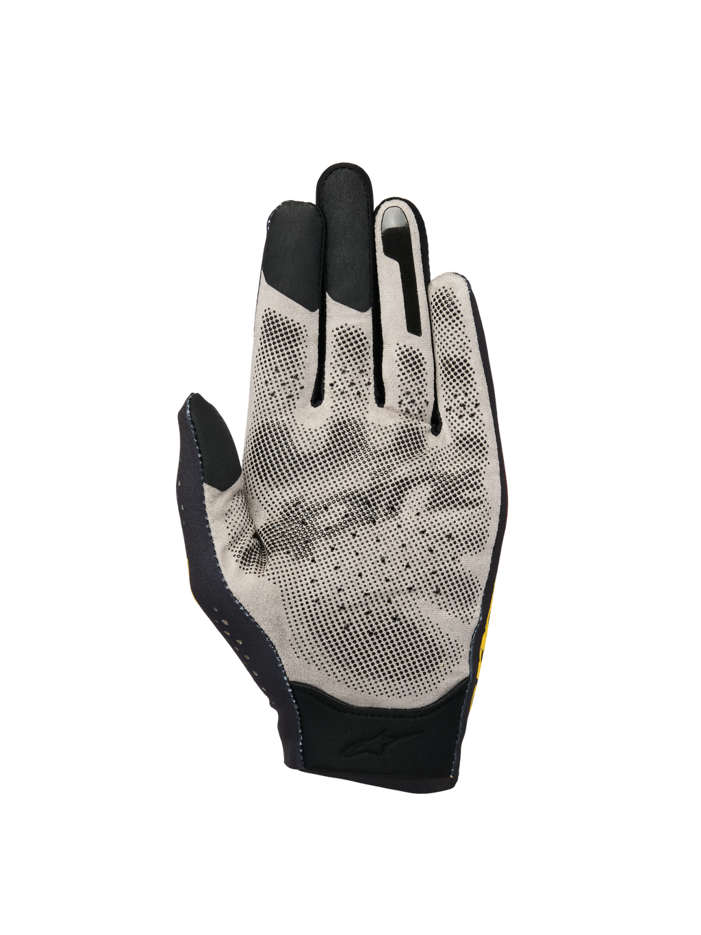 Alpinestars Sim Gloves Graphic 3, SIM Racing Gloves, palm view showing light grey Nanofront® fabric with black 3D dotted grip pattern, touchscreen-compatible fingertips, and breathable perforated construction for virtual racing.