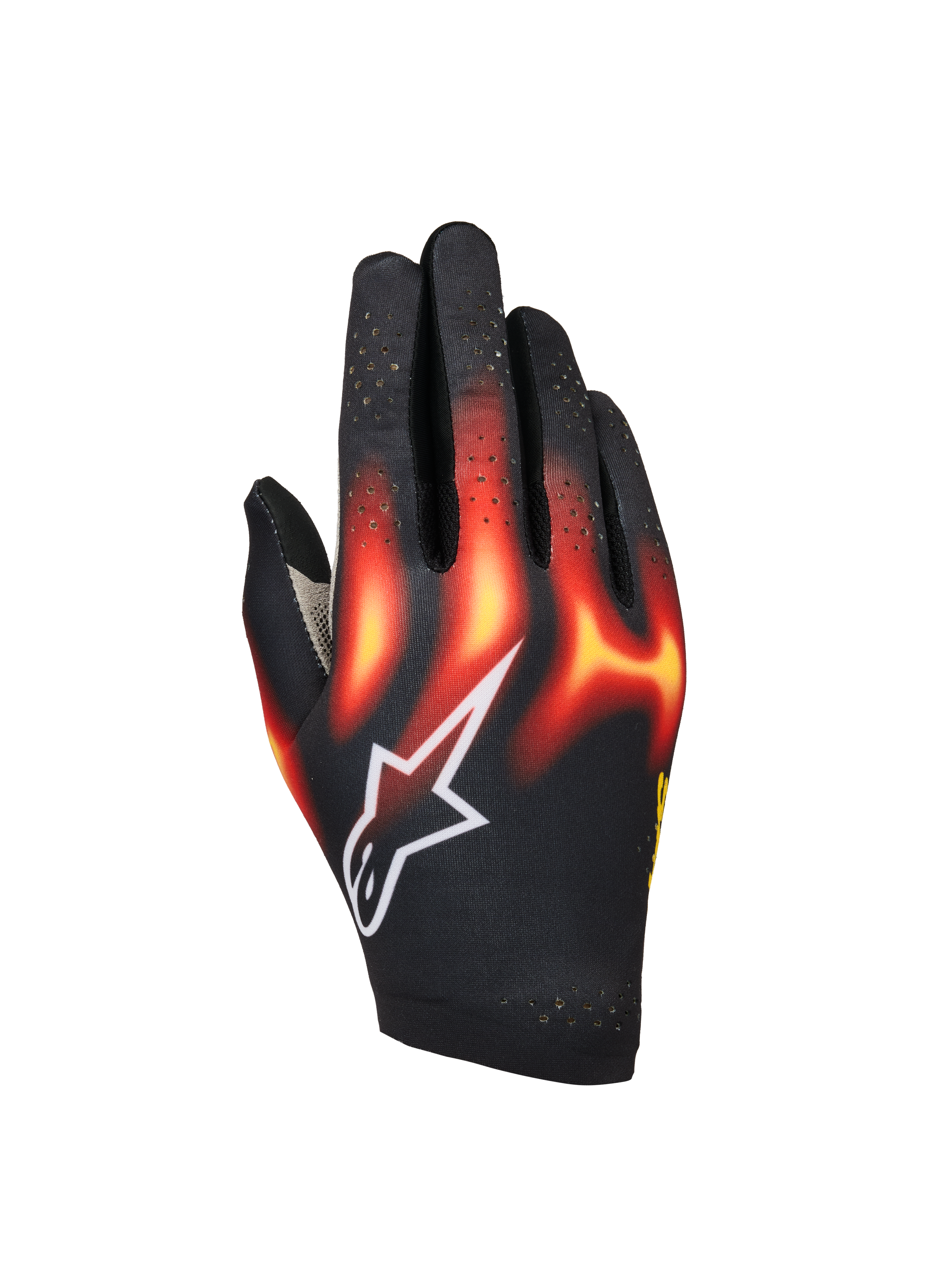 Alpinestars Sim Gloves Graphic 3, Sim Racing Gloves, Black with Bright Red and Warm Yellow flame graphics, white star logo, perforated fingers for ventilation, lightweight and flexible construction for virtual racing