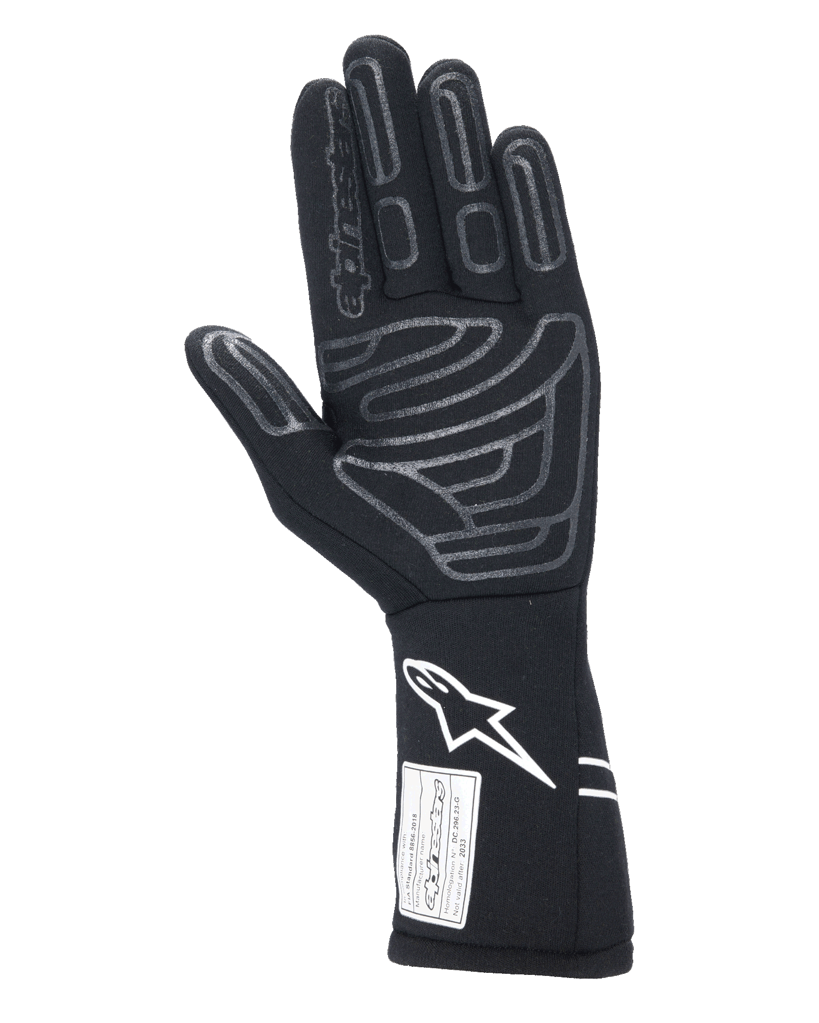 Gants Alpinestars Tech-1 Start V4 FIA, gant de course automobile noir, vue de la paume présentant des motifs d'adhérence en silicone gris sur les doigts et la paume, logo Astars blanc sur la manchette allongée, étiquette d'homologation FIA, équipement de sport automobile professionnel