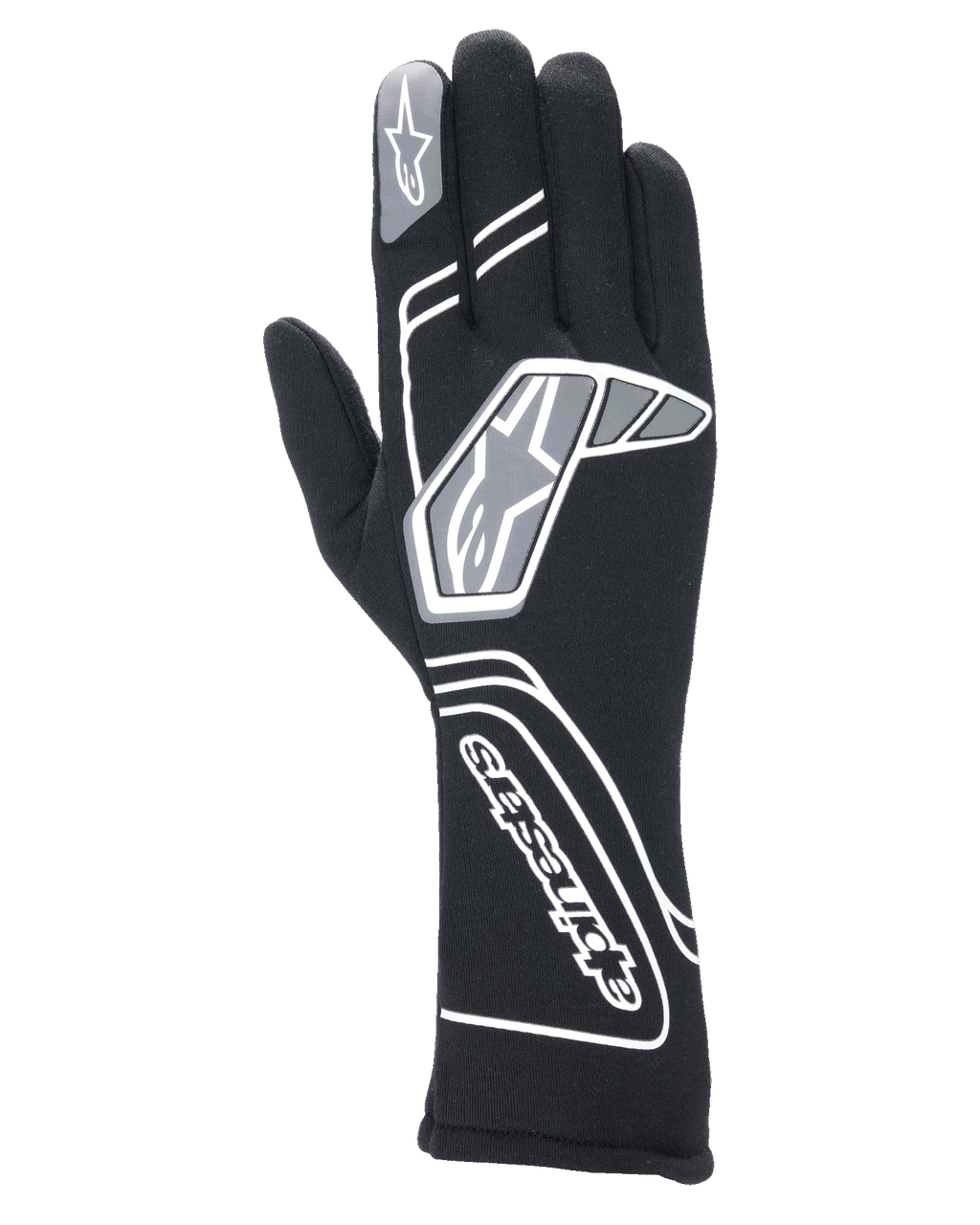 Alpinestars Tech-1 Start V4 Gloves FIA, gants de course automobile professionnels noirs, avec motifs géométriques blancs et gris et logo Alpinestars, manchette allongée pour une protection contre le feu et la chaleur, conception légère et pré-courbée pour le sport automobile