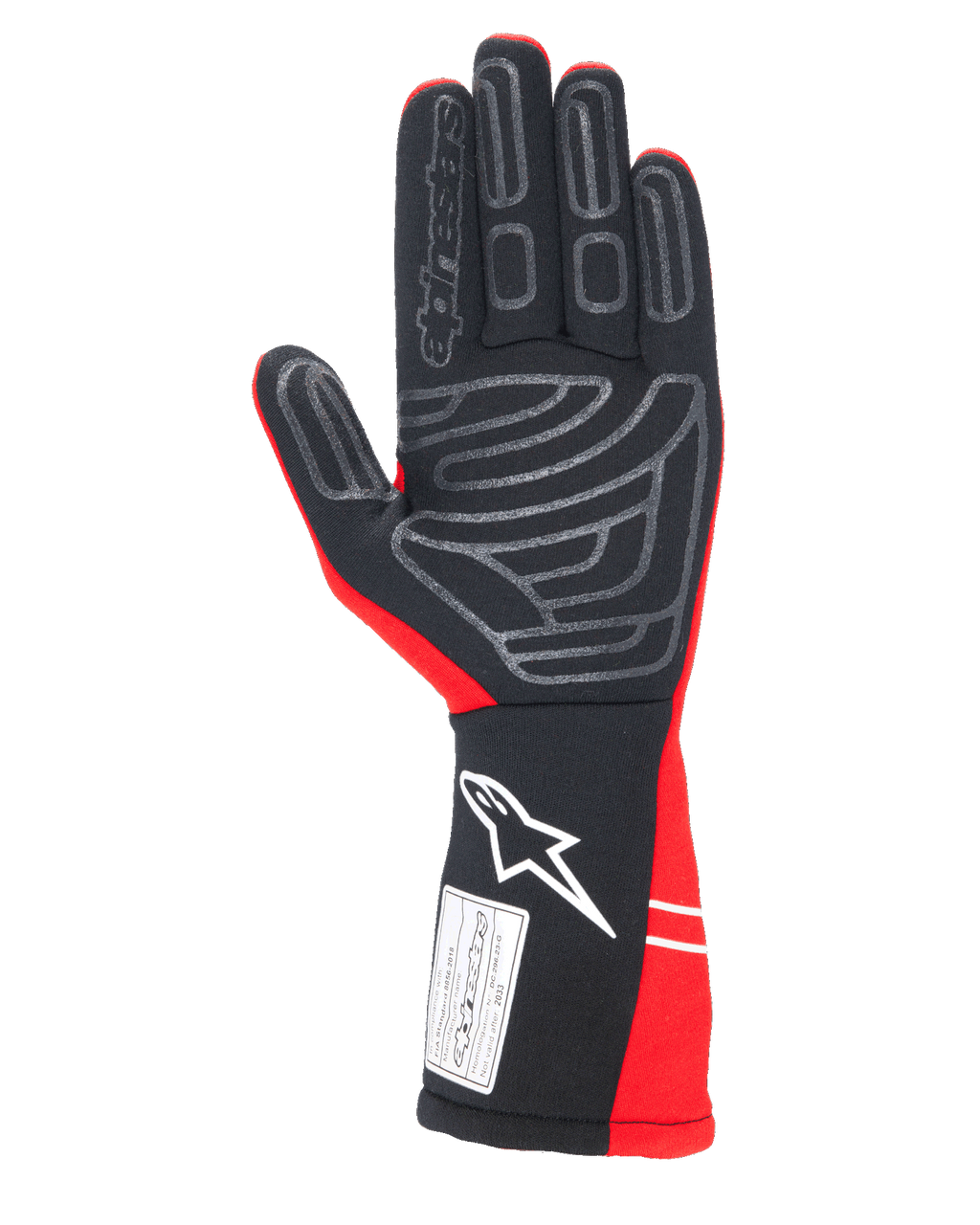 Gants Alpinestars Tech-1 Start V4 FIA, gants de course automobile, rouge et noir, vue de la paume avec motifs d'adhérence en silicone gris, logo Alpinestars blanc sur la manchette longue et étiquette de certification FIA 8856-2018