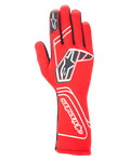Gants Alpinestars Tech-1 Start V4 FIA, gants de course automobile, rouges avec détails noirs et blancs, logo étoilé proéminent sur le dos et nom de la marque sur la manchette, conception à manchette allongée, équipement de sport automobile professionnel