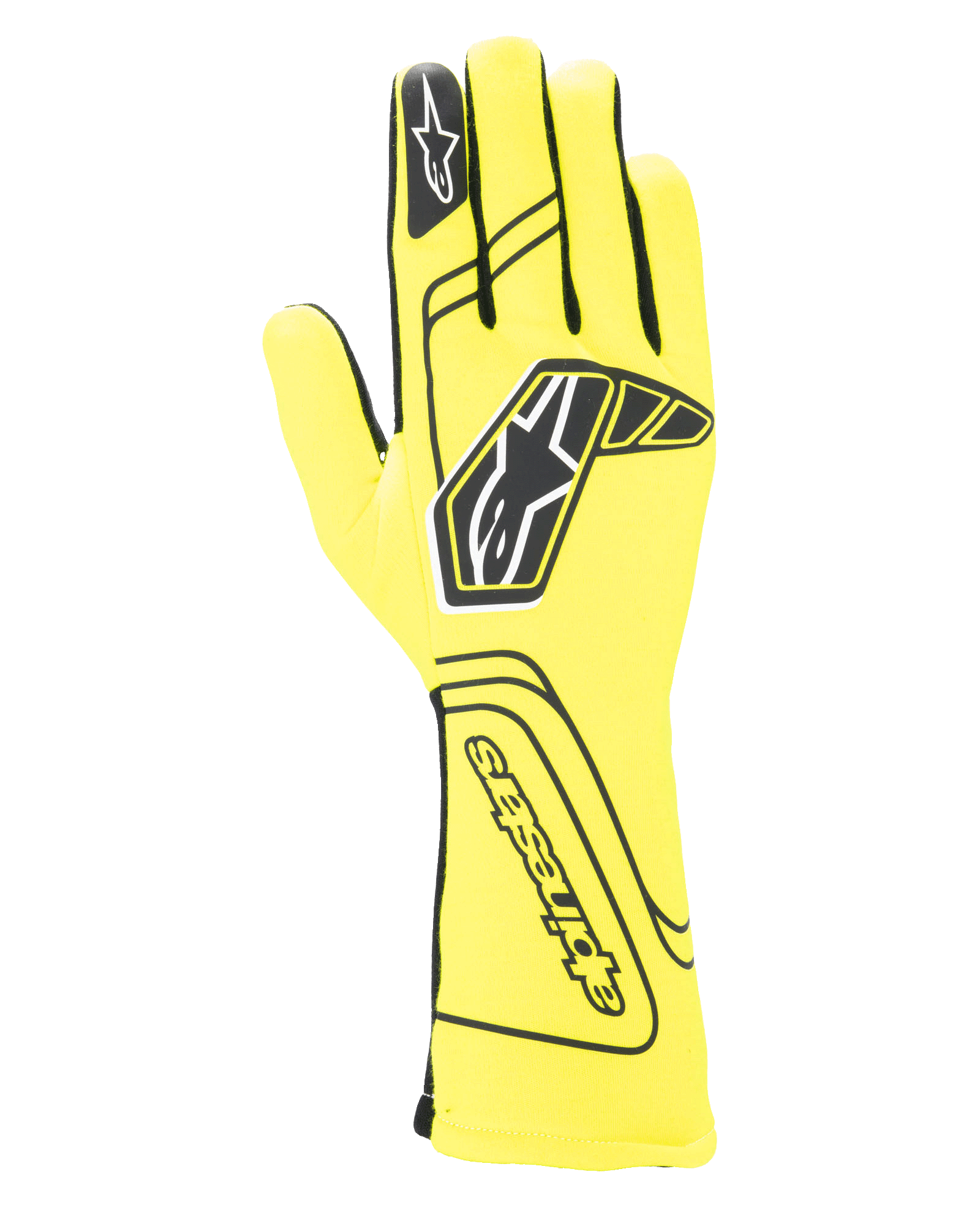 Alpinestars Tech-1 Start V4 Gloves FIA, Auto Racing Gloves, Yellow Fluo and Black, featuring a large black star logo on the back, seamless finger construction, and extended cuff for fire protection, FIA-approved motorsport gear