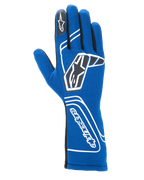 Gants Alpinestars Tech-1 Start V4 FIA, gants de course automobile, bleu royal, avec marquage géométrique blanc et logos d'étoile noirs, manchette allongée avec lettrage Alpinestars vertical, conception sans couture pour une performance légère, équipement de course professionnel homologué FIA