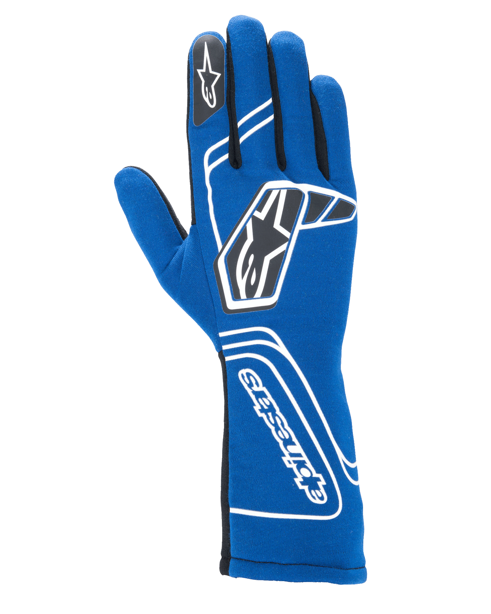 Gants Alpinestars Tech-1 Start V4 FIA, gants de course automobile, bleu royal, avec marquage géométrique blanc et logos d'étoile noirs, manchette allongée avec lettrage Alpinestars vertical, conception sans couture pour une performance légère, équipement de course professionnel homologué FIA
