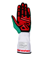Gants Alpinestars Tech-1 K V3, gants de karting, blanc, vert et rouge, vue de la paume en daim synthétique noir avec motifs de grip en silicone rouge, accent vert sur le pouce, manchette longue blanche avec étiquette d'homologation FIA et marquage rouge, équipement de course professionnel
