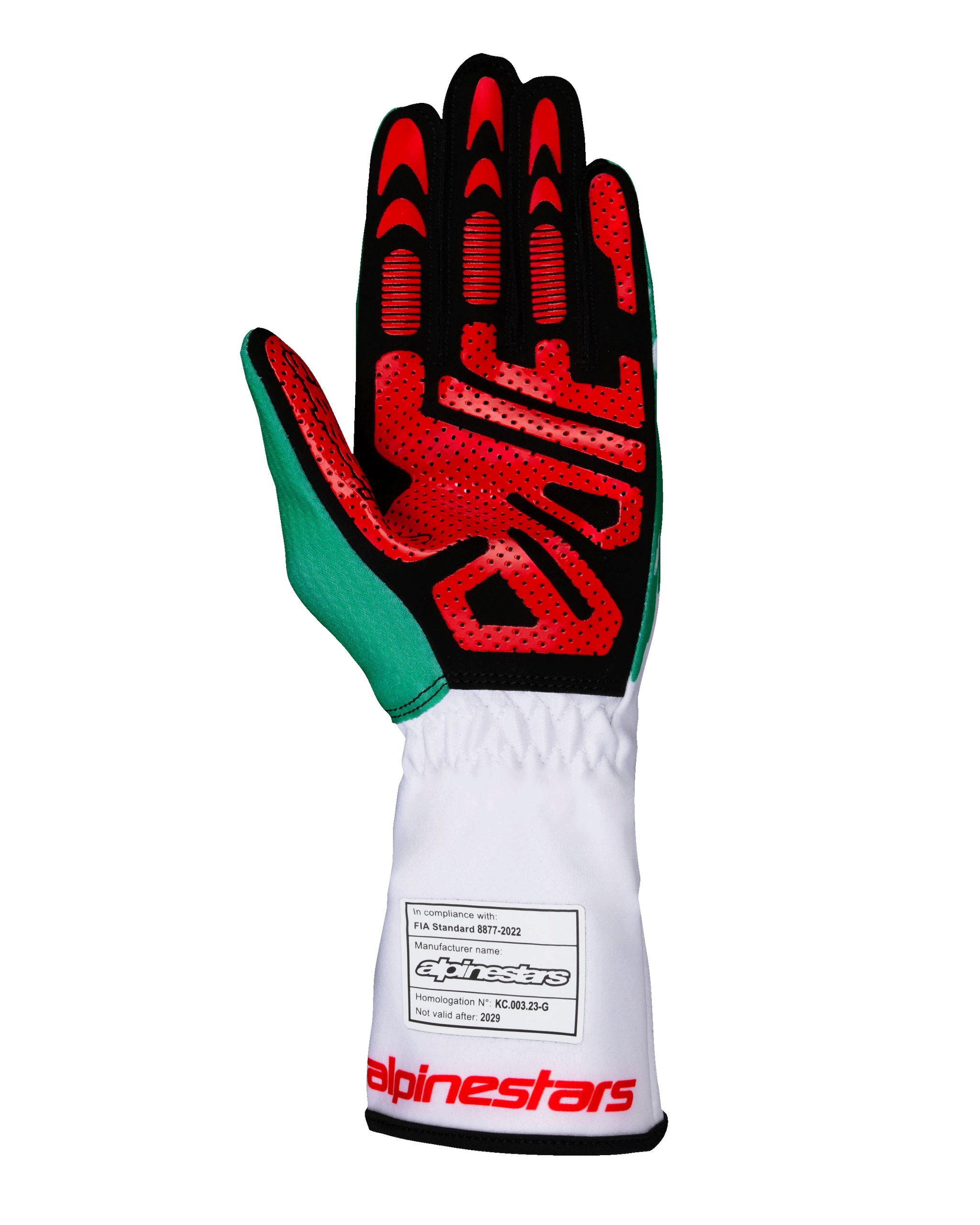 Gants Alpinestars Tech-1 K V3, gants de karting, blanc, vert et rouge, vue de la paume en daim synthétique noir avec motifs de grip en silicone rouge, accent vert sur le pouce, manchette longue blanche avec étiquette d'homologation FIA et marquage rouge, équipement de course professionnel