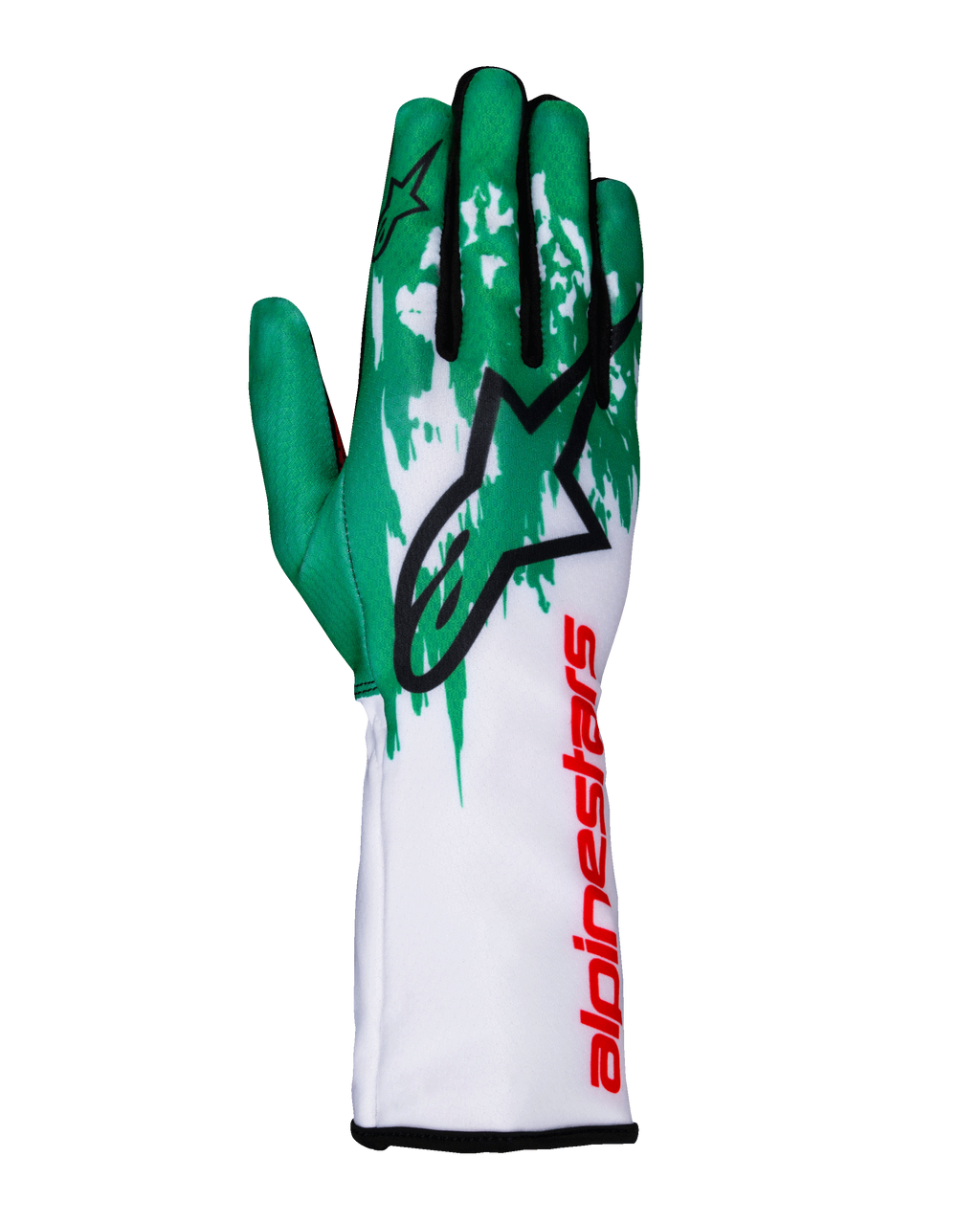 Alpinestars Tech-1 K V3 Gloves, Karting Racing Gloves, White Green and Red, large black star logo on back of hand, vertical red Alpinestars branding on gauntlet, green and white graphic pattern on fingers, technical fitted design
