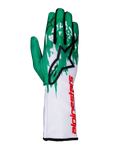 Alpinestars Tech-1 K V3 Gloves, Karting Racing Gloves, White Green and Red, large black star logo on back of hand, vertical red Alpinestars branding on gauntlet, green and white graphic pattern on fingers, technical fitted design